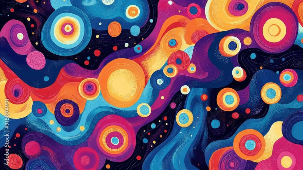 Groovy art style with a mix of retro shapes and patterns, characterized by vibrant, swirling colors and playful, abstract designs