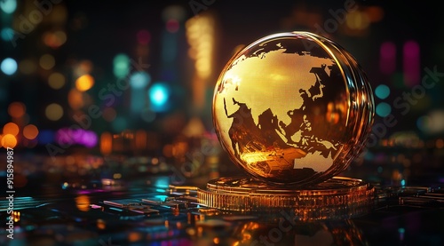 The shining golden globe represents the acquisition of wealth and success decorated with bright lights and a festive atmosphere Colorful and futuristic digital elements Dark background, low angle shot