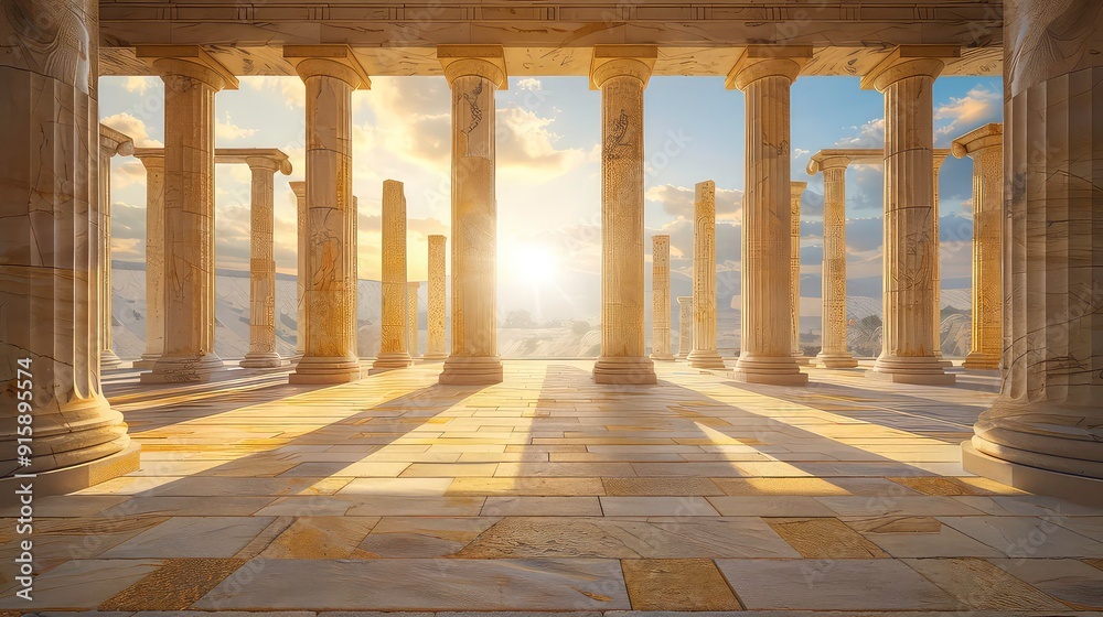 Fototapeta premium A view from inside a grand, ancient, stone structure with a row of tall pillars and a sunlit sky beyond.