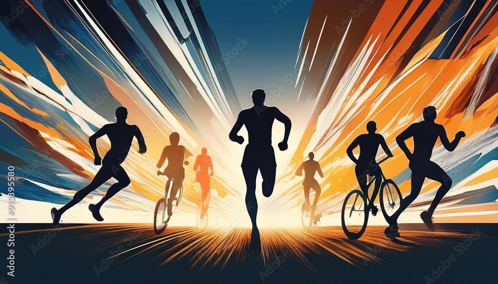 Athletes in action conceptual illustration with Silhouettes of athletes engaging in various sports like running, cycling, or yoga, with dynamic backgrounds that emphasize movement and energy Athletes in action conceptual illustration with Silhouettes of athletes engaging in various sports like running, cycling, or yoga, with dynamic backgrounds that emphasize movement and energy
