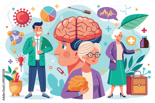 This illustration explains brain diseases affecting seniors, highlighting awareness, research, and potential treatment options for better health outcomes