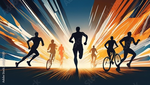 Athletes in action conceptual illustration with Silhouettes of athletes engaging in various sports like running, cycling, or yoga, with dynamic backgrounds that emphasize movement and energy