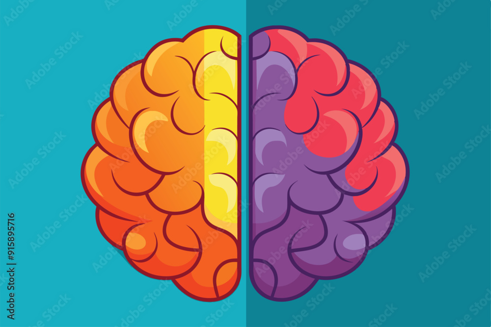 This illustration features a brain design split into two sides, showcasing dynamic colors and a smooth, semi-flat style that emphasizes creativity and function This illustration features a brain design split into two sides, showcasing dynamic colors and a smooth, semi-flat style that emphasizes creativity and function