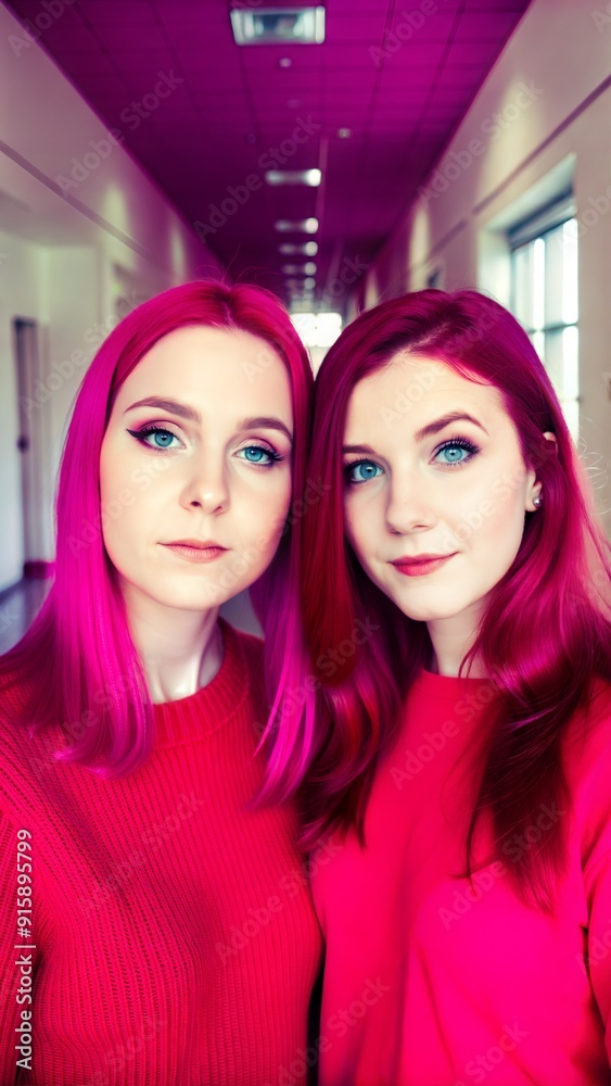 Two women with vibrant pink hair pose close together in a brightly lit hallway, wearing matching red sweaters, creating a striking visual contrast. Generative AI Two women with vibrant pink hair pose close together in a brightly lit hallway, wearing matching red sweaters, creating a striking visual contrast. Generative AI