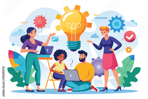 A diverse group engages in brainstorming, sharing ideas while using laptops in a creative office setting filled with graphics and lightbulb imagery