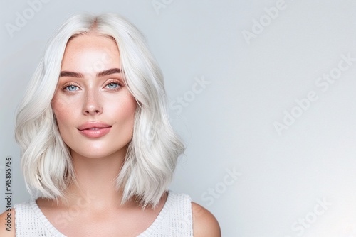 Close-Up Portrait of Woman with Platinum Blonde Hair, Natural Makeup, and White Top, Perfect for Beauty and Skincare Campaigns, Ideal for Banners, Editorials, and Advertising with Clean Background and