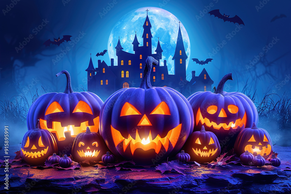 Fototapeta premium Group of scary halloween pumpkins glowing in front of haunted house