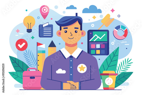 A person is engaged in brand creation surrounded by design tools, graphics, and symbols representing creativity in a vibrant and colorful setting
