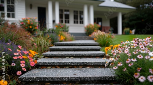 Serene Garden Pathway Leading To Charming House Surrounded By Colorful Flowers