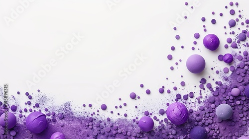 Abstract arrangement of purple and violet spheres and dots on a white background, creating a microbiology-inspired design with copy space