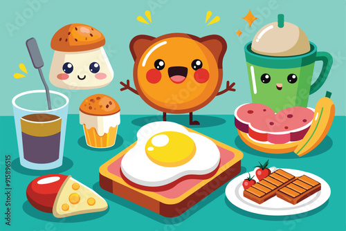 Cheerful cartoon characters surrounded by a vibrant breakfast spread with eggs, muffins, pancakes, fruit, and drinks in a colorful morning setting