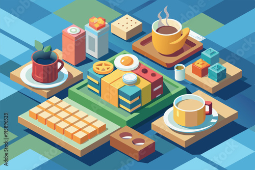 A variety of breakfast items are arranged, featuring coffee, eggs, pancakes, and colorful juices in a vibrant isometric design