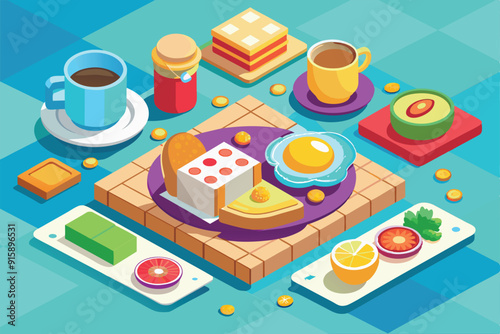 A vibrant breakfast display featuring customizable dishes, including toast, eggs, fruit, and beverages, arranged invitingly on a colorful tabletop