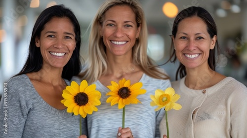 Three Women Holding Sunflowers and Daisies in a Bright Indoor Setting