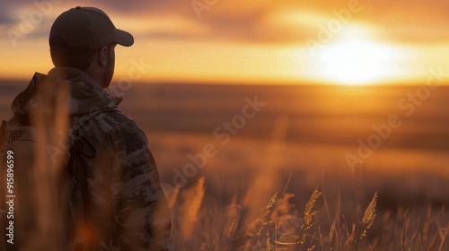 Hunter Watching Sunrise Over Serene Landscape