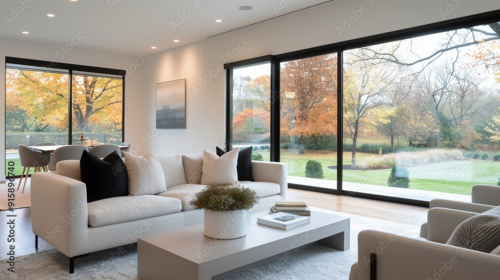 Modern Living Room With Large Windows Overlooking Scenic Landscape Modern Living Room With Large Windows Overlooking Scenic Landscape