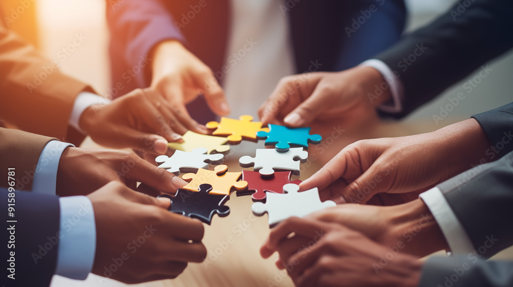 A group of hands assembling colorful puzzle pieces, symbolizing teamwork and collaboration. A group of hands assembling colorful puzzle pieces, symbolizing teamwork and collaboration.