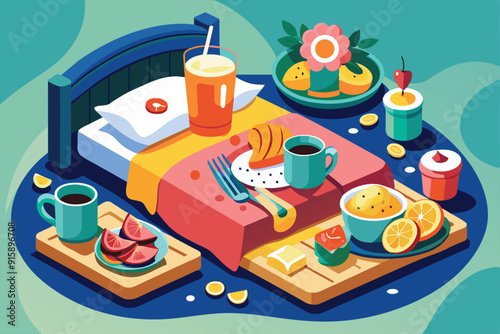 A cozy breakfast in bed features a colorful spread of fruits, pastries, and drinks, creating a warm and inviting start to the day