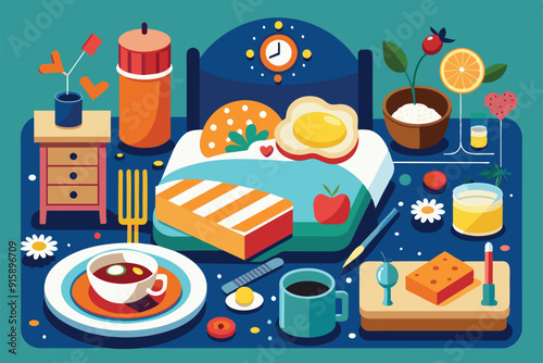 A vibrant breakfast spread features eggs, toast, fruits, and beverages on a colorful bed, showcasing a calming and inviting morning atmosphere