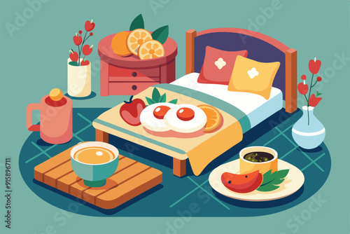 A cozy bed adorned with fresh fruit, eggs, and coffee, creating a warm breakfast atmosphere for leisurely morning enjoyment