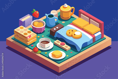 A delightful assortment of breakfast items elegantly arranged on a bed tray, featuring pancakes, coffee, and fresh fruit amidst a cozy bedroom atmosphere