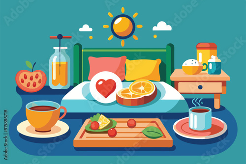 A cozy breakfast spread features fresh fruits, coffee, juice, and pastries served on a tray in a tranquil bedroom illuminated by morning sunlight