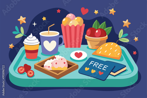 A cozy breakfast spread includes delicious snacks and a drink, perfect for a romantic movie night in bed with free hugs
