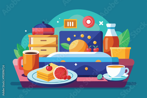 A vibrant breakfast tray features pancakes, fresh fruit, coffee, and juice, creating a perfect start to a cozy morning in bed