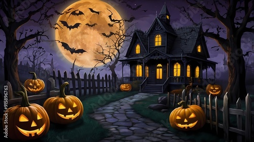 an enchanting Halloween scene with a haunted house on a hill, glowing jack-o'-lanterns, twisted trees, playful ghosts, a full moon, a witch on a broomstick, and eerie yet vibrant colors photo