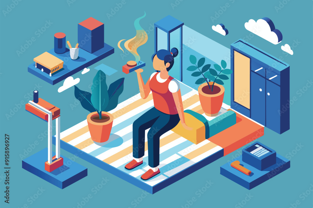 A person practices a customizable breathing exercise while enjoying a warm beverage in a modern, tranquil room filled with plants and calming decor A person practices a customizable breathing exercise while enjoying a warm beverage in a modern, tranquil room filled with plants and calming decor