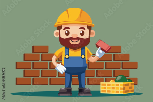 A cheerful bricklayer stands confidently at a construction site, holding a brick and ready to work, surrounded by materials and a brick wall backdrop