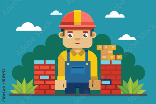 A cheerful bricklayer stands among bricks and plants, wearing a hard hat and overalls, ready to start building on a sunny day