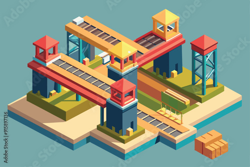 A detailed isometric illustration shows a customizable bridge construction with multiple levels, towers, and packages nearby on a coastal landscape