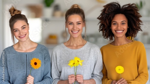 Three Women Holding Sunflowers and Daisies in a Bright Indoor Setting