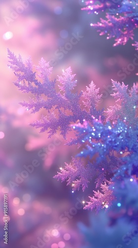 A close-up view of delicate, shimmering pink and purple foliage with sparkling highlights against a soft, blurred background