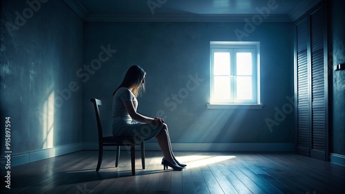 Wallpaper Mural Dimly Lit Room Woman Alone in Shadows Symbolizing Depression's Darkness Torontodigital.ca