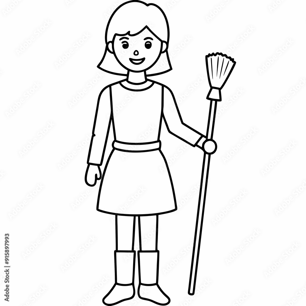  girl is standing with broom  line art  Silhouette Vector illustration
