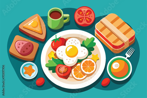 A colorful spread of customizable brunch items including eggs, toast, fresh fruits, and a warm cup of coffee arranged on a bright background