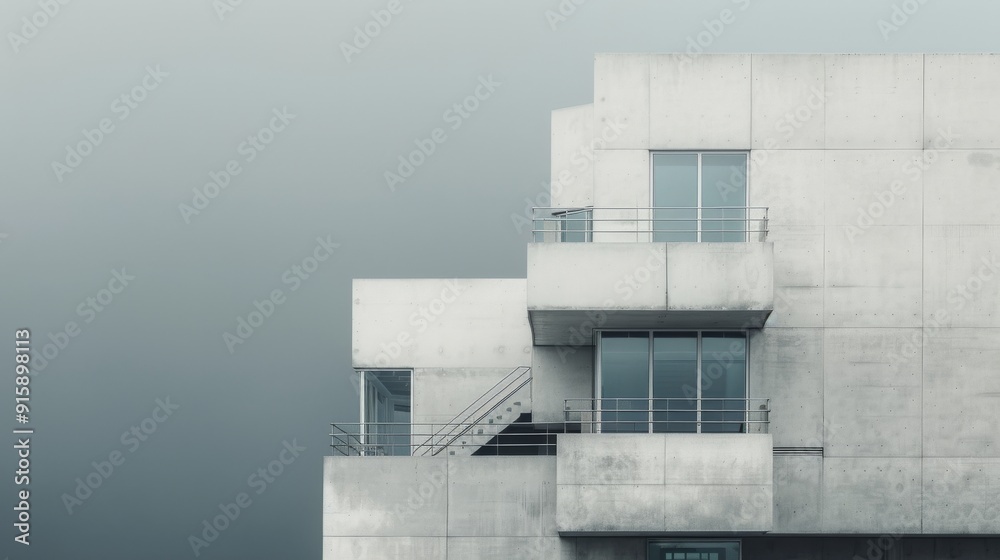 Modern Architecture Under Fog at Riverside Park With a Solitary Figure Modern Architecture Under Fog at Riverside Park With a Solitary Figure