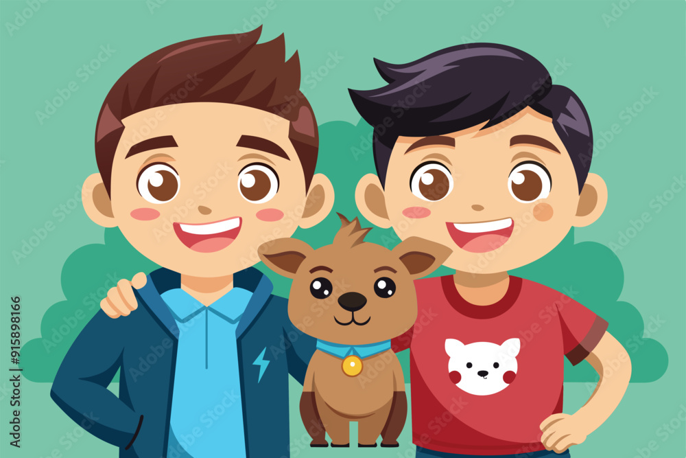 Two friends joyfully pose with their adorable dog in a vibrant green park, enjoying a beautiful sunny day filled with happiness and friendship Two friends joyfully pose with their adorable dog in a vibrant green park, enjoying a beautiful sunny day filled with happiness and friendship