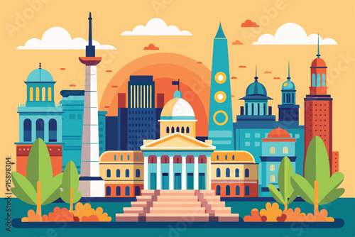 This illustration showcases the Buenos Aires skyline featuring iconic landmarks against a warm sunset backdrop with vibrant greenery in the foreground