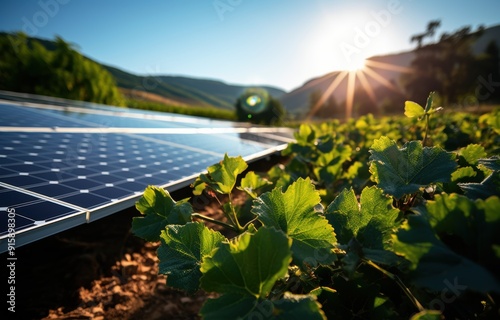 Solar panels integrated with the crops on a farm. Representation of agrovoltaics or agrivoltaics concept photo