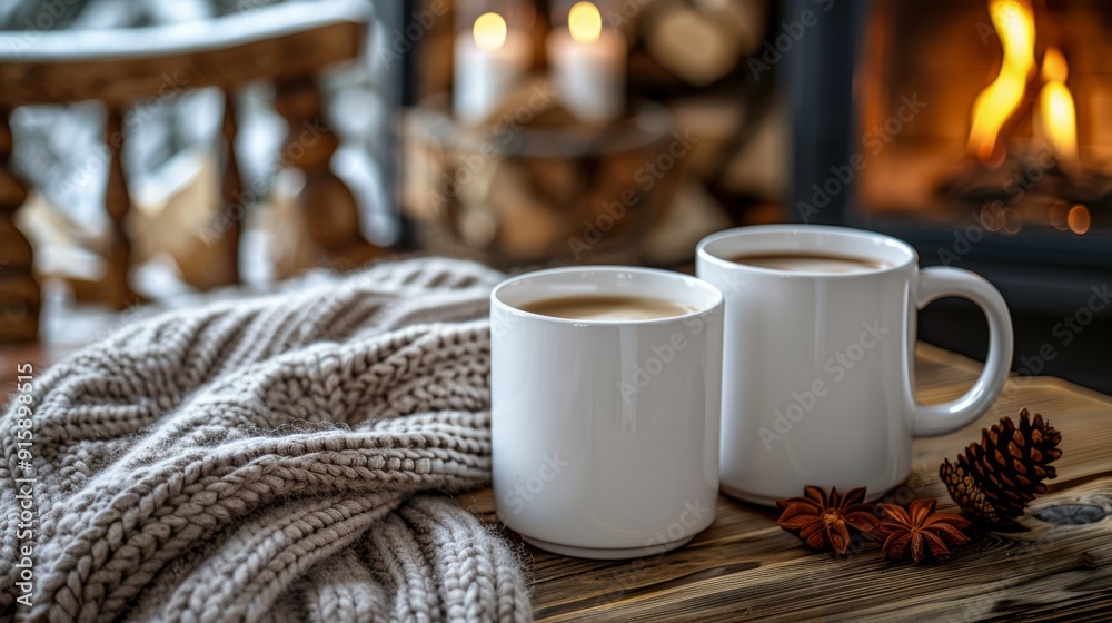 Cozy scene with two steaming mugs on a rustic wooden table by the fireplace, accompanied by a knitted blanket, exuding warmth and comfort