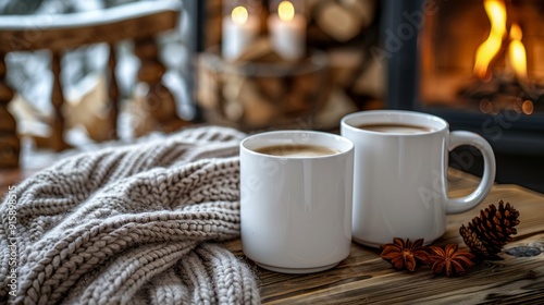Obraz na płótnie Cozy scene with two steaming mugs on a rustic wooden table by the fireplace, accompanied by a knitted blanket, exuding warmth and comfort w salonie