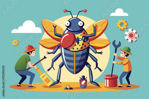 Two characters are engaged in fixing a giant cartoonish insect using various tools and materials, set against a colorful and cheerful backdrop