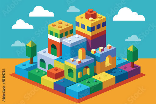 A vibrant arrangement of customizable building blocks forms a whimsical cityscape, complete with green trees and a bright sky