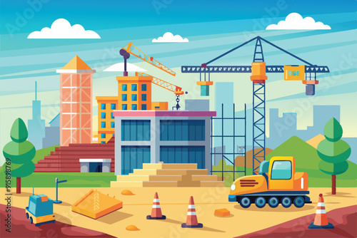 Construction workers and heavy machinery are actively engaged in building multiple structures while cranes lift materials in a vibrant urban environment