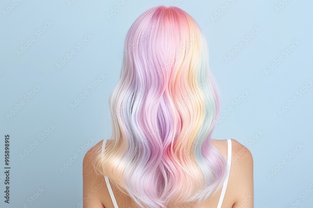 Fototapeta premium Woman with Rainbow Pastel Hair, Back View, Minimalist Beauty Portrait, Soft Waves, Light Blue Background, Modern and Stylish Look, Fashion Image with Copy Space for Text