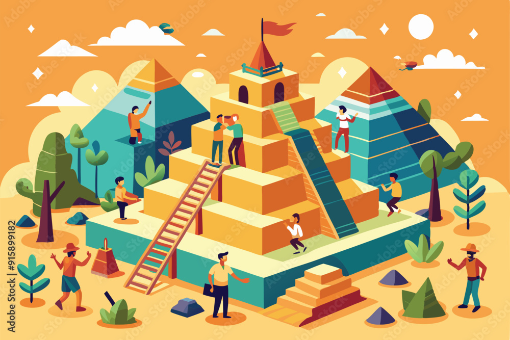 A group of diverse characters collaborates to construct a colorful pyramid in a lively setting, surrounded by hills, trees, and bright clouds A group of diverse characters collaborates to construct a colorful pyramid in a lively setting, surrounded by hills, trees, and bright clouds