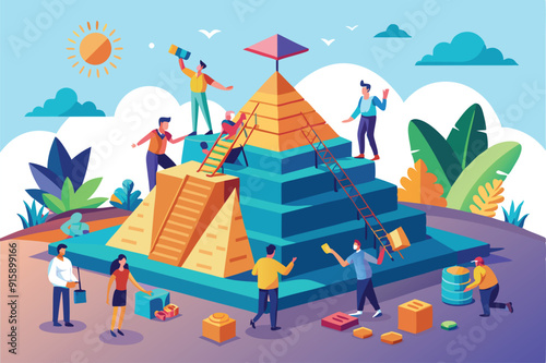 Teams collaborate to construct a vibrant pyramid while utilizing various tools against a bright, sunny background